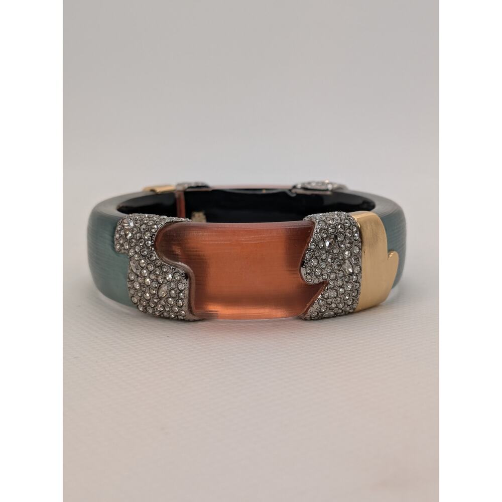 Alexis Bittar Blue and Orange Lucite Hinged Bracelet Goldtone and Crystals 7.5”